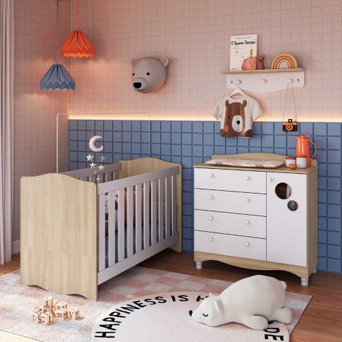 Quarto Infantil 3 Peças com Berço 3 em 1 Cômoda e Prateleira Cor:carvalho Araguaia com Branco
