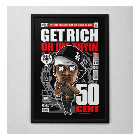 Quadro Decorativo 50 Cent Art Geek com Moldura e Vidro Preto