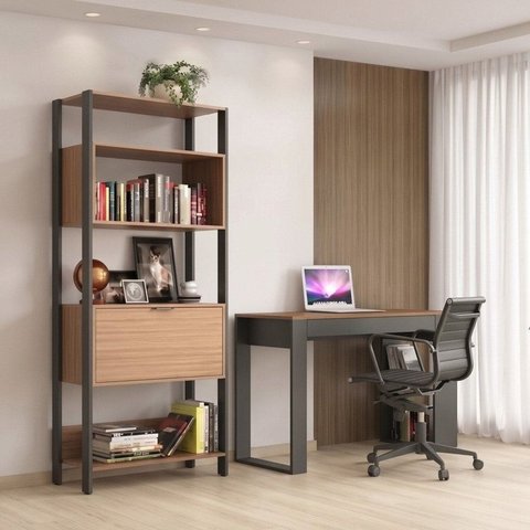 Conjunto 2 Peças Escritório com Escrivaninha com Gaveta e Estante Industrial Marrom Montana/Preto