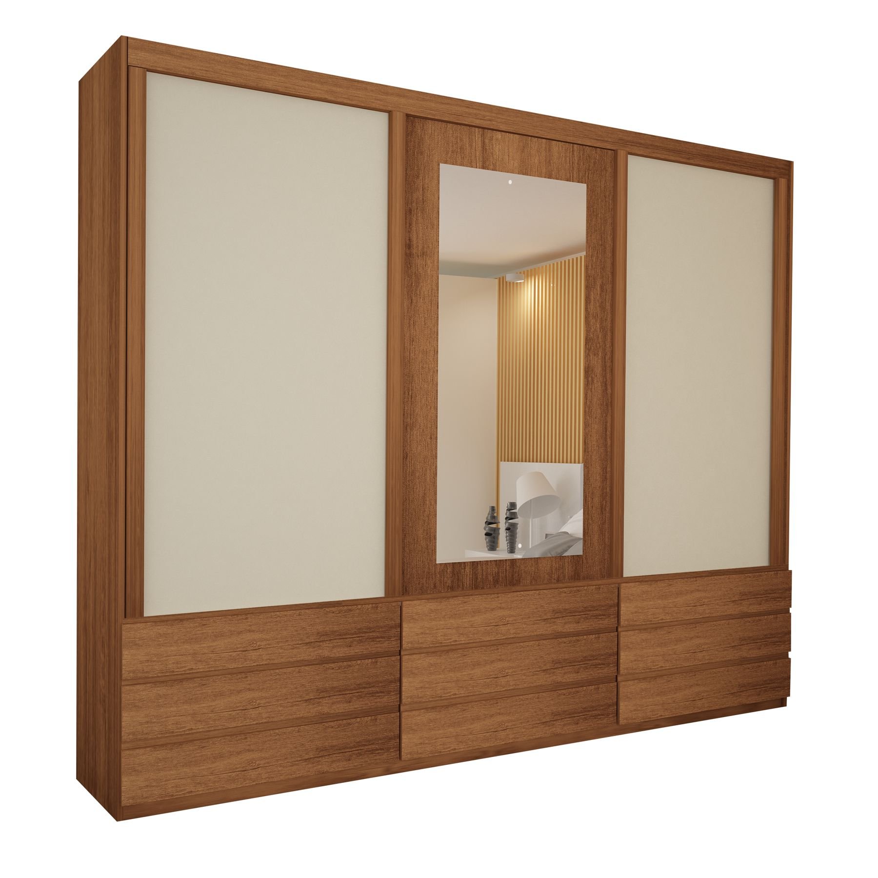 Guarda-roupa Casal Eco 07 com Espelho 100% Mdf 3 Portas 9 Gavetas Bom Pastor - Amêndoa/off - 2