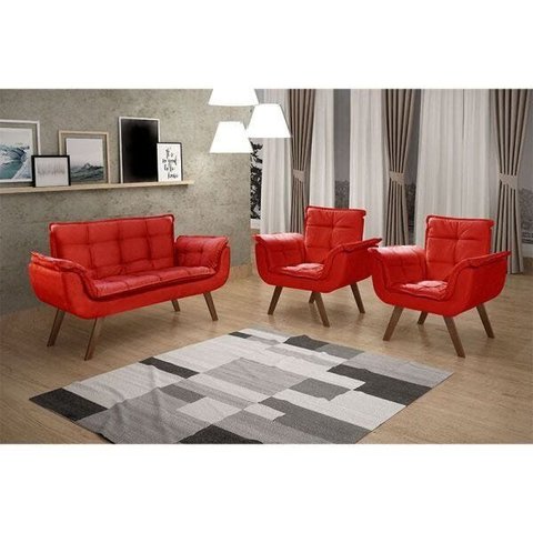 Conjunto Poltrona Namoradeira e 02 Poltronas Bella Pés em Madeira Bella Decor - Vermelho Cód. 100 Su