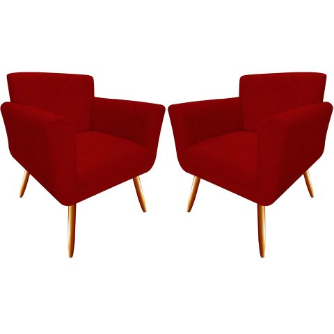 Kit 2 Poltronas Decorativa Sabrina Suede Vermelho Pés Madeira Mz Decor