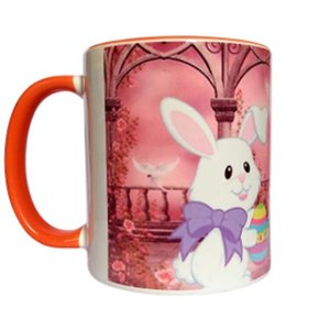 CANECA DE CERÂMICA BRANCA RESINADA COM ALÇA E BORDA LARANJA (PASCOA)