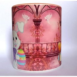 CANECA DE CERÂMICA BRANCA RESINADA COM ALÇA E BORDA LARANJA (PASCOA) - 2