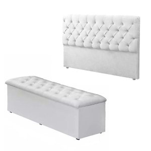 Kit Baú Recamier + Cabeceira Sonho Queen Corino Branco