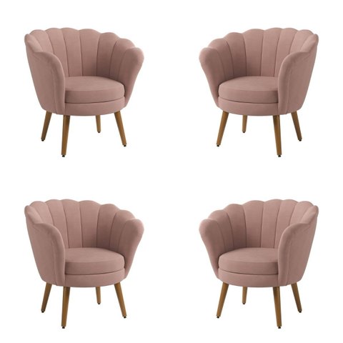 Kit 4 Poltronas Pétala Veludo Rosa Pés Palito - Kimi Design