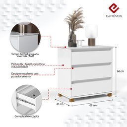 Mini Cômoda Ej Mesa de Cabeceira para Quarto com 3 Gavetas - Branco - 4