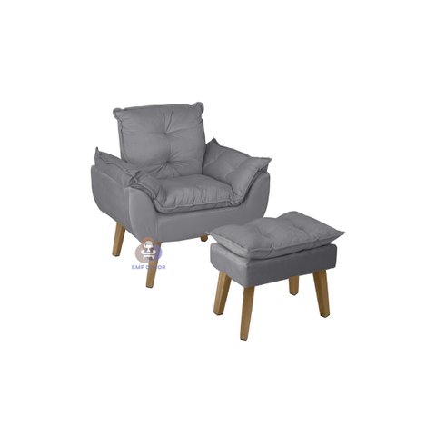 Poltrona Decorativa Opala e Puff Opala Suede Cinza Smf Decor