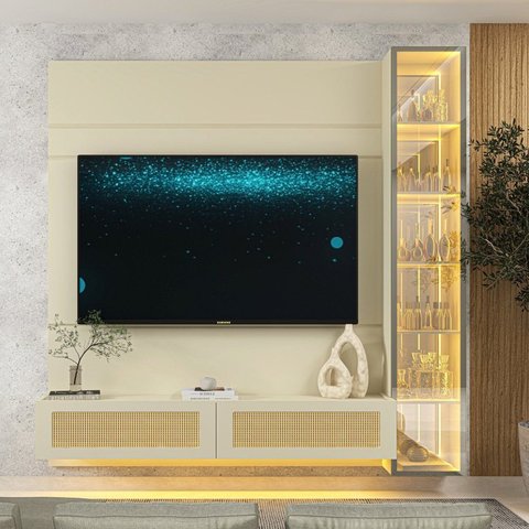 Estante Home para TV até 65 Polegadas com LED e Vidro Reflecta 100% MDF 217,6CMX191,2cm Luminare Native Off White