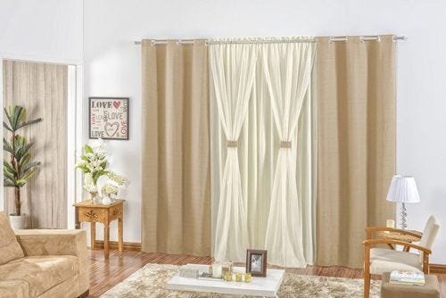 Cortina para sala e quarto Rustica 3,00 x 2,50m-Bege com Avelã - 1