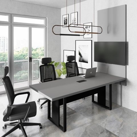 Mesa de Reunião Design Industrial 2,00 m com Caixa de Tomadas e Painel para TV F5 Office Cor:Cinza