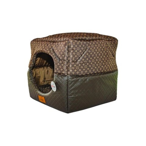 Cama para Cachorro Toca Quadrada em Corino + Poliéster Marrom Escuro Lv Média (m) 40 X 40 X 40 Cm