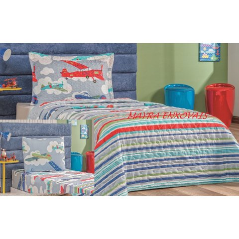 Kit Completo Bouti Infantil Solteiro Cobre Leito + Jogo de Lençol:avião