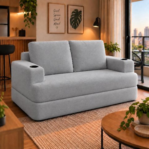 Sofá Cama Casal Colchão 1,50m com Porta Copos Balaqui Decor Cor:Cinza