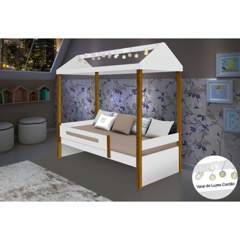 Cama Infantil Solteiro Design Montessoriana Sara Com Led Divaloto - Branco/Amêndoa - Cor: Branco