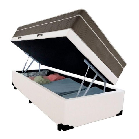 Cama Box Baú Solteiro Sintético + Colchão de Molas Ensacadas - Sereneprime - 88cm Branco