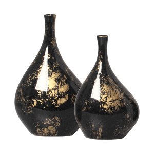 Vasos Decorativos de Cerâmica Garrafas Cristal Preto e Dourado Ébano