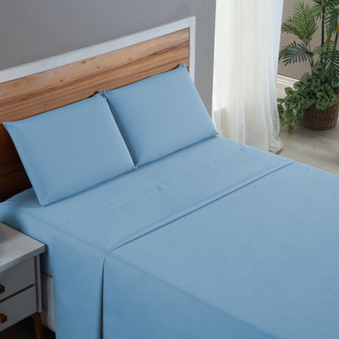 Kit Roupa de Cama Solteiro Percal 200 Fios 100% Algodão com Elástico e Fronha 3 Peças:azul Bebe