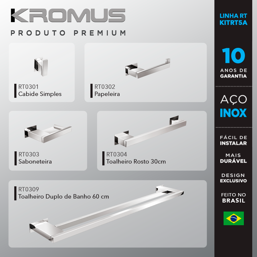 Kit Acessórios Para Banheiros 5 Peças Inox - Kromus Kitrt5a - 2