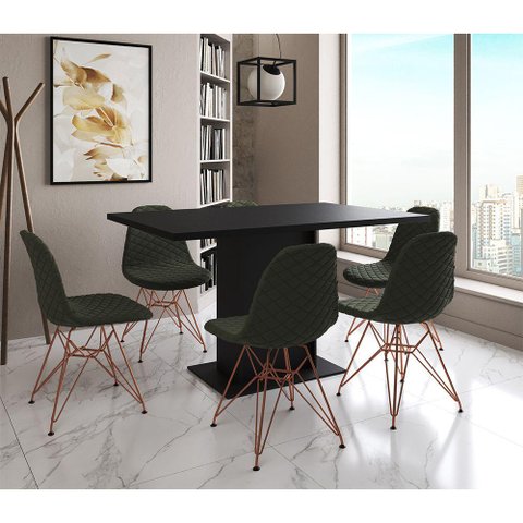 Mesa Jantar Londres Retangular Preta 137x90cm 6 Cadeiras Estofadas Verde Base Cobre