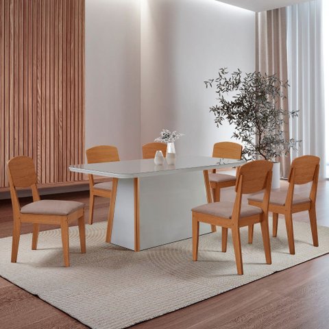 Mesa de Jantar Diane 180cm Tampo Mdf Vidro Canto Copo com 6 Cadeiras Copper