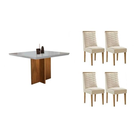 Sala de Jantar Completa Berlim C/ Tampo Madeirado C/ Vidro Canto Curvo 90x90cm e 4 Cadeiras Maldivas