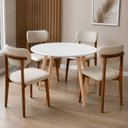 Ver imagem 1 de Kit Mesa Jantar 90cm Branca & 4 Cadeiras Estofadas Linho Bege/Marfim