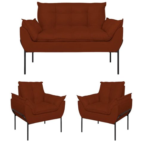Kit 02 Poltronas + Namoradeira Pé Metal Preto Recepção Sala Cor:terracota