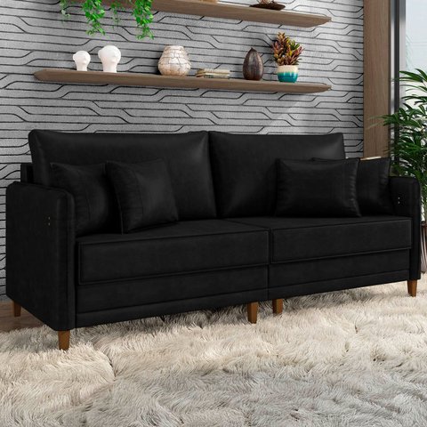 Sofá 3 Lugares Living 232cm Pé Madeira Zoe Sintético Preto Z08 - Mpozenato