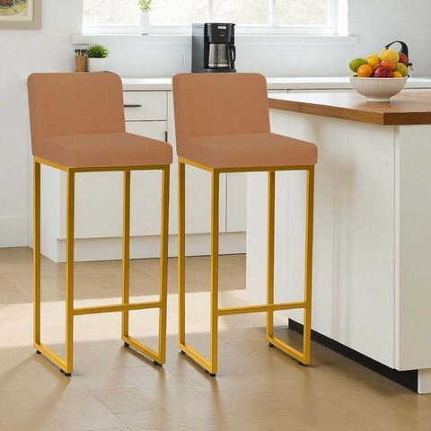 Kit 2 Banquetas Andy Moderna Ferro Dourado Estofado Suede Terra Cota