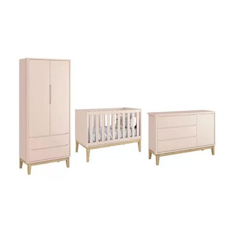 Dormitório Classic 2 Portas e Cômoda com Porta Rosa com Pés Madeira Natural - Reller Móveis Rosa