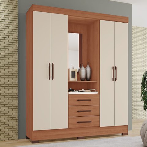 Roupeiro Obsidian 100% MDF Capelinha 4 Portas e 3 Gavetas Kit de Espelho e Pés