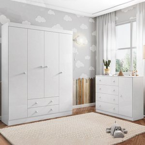 Jogo de Quarto Infantil  Isis com Guarda Roupa 4 Portas, Cômoda 1 Porta - Phoenix Baby