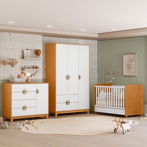 Quarto Bebê Completo Crescer 100% MDF Berço 3 em 1 Cômoda Sapateira e Guarda Roupa Cinamomo Branco