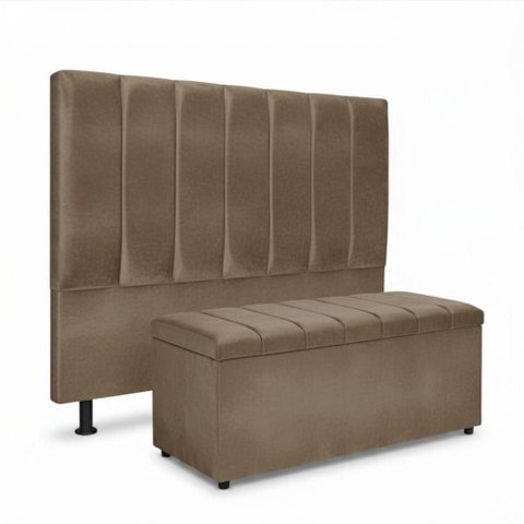 Kit Cabeceira e Calçadeira Baú Carla Queen 160cm Estofada Madeira Maciça Veludo Bege Escuro Click