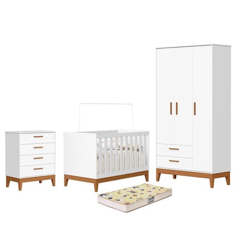 Dormitório Infantil Flip Guarda Roupa 3 Portas, Cômoda 4 Gavetas e Berço Branco Fosco com Colchã