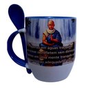 Ver imagem 1 de CANECA DE CERÂMICA BRANCA RESINADA COM INTERIOR, ALÇA E COLHER AZUL CLARO (MEDITAÇÃO)