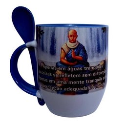 CANECA DE CERÂMICA BRANCA RESINADA COM INTERIOR, ALÇA E COLHER AZUL CLARO (MEDITAÇÃO) - 1