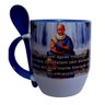 CANECA DE CERÂMICA BRANCA RESINADA COM INTERIOR, ALÇA E COLHER AZUL CLARO (MEDITAÇÃO) - 1
