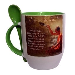 CANECA DE CERÂMICA BRANCA RESINADA COM INTERIOR, ALÇA E COLHER (DIZERES) - 1