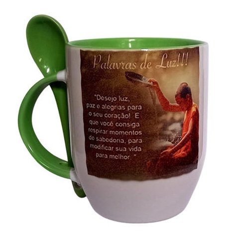 CANECA DE CERÂMICA BRANCA RESINADA COM INTERIOR, ALÇA E COLHER (DIZERES)