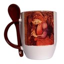 Ver imagem 1 de CANECA DE CERÂMICA BRANCA RESINADA COM INTERIOR, ALÇA E COLHER MARROM (ANJO)