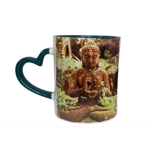 CANECA DE CERAMICA BRANCA RESINADA COM ALÇA DE CORAÇÃO E INTERIOR VERDE (BUDA)