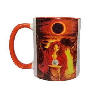 CANECA DE CERÂMICA BRANCA RESINADA COM INTERIOR E ALÇA LARANJA (DEUSA)