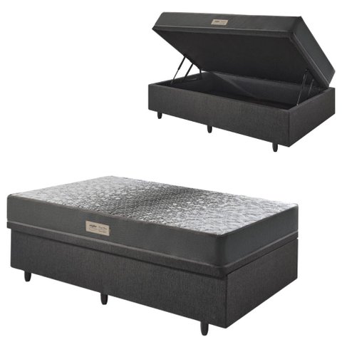 Base Box Baú 88x188 Linho com Colchão Dual Firm Espuma Ecoflex