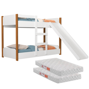 Beliche Infantil com Grades Escorregador Escada + 2 Colchões:‎ Branco/Jequitibá
