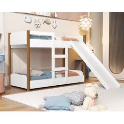 Beliche Infantil com Grades Escorregador Escada + 2 Colchões:‎ Branco/Jequitibá - 2