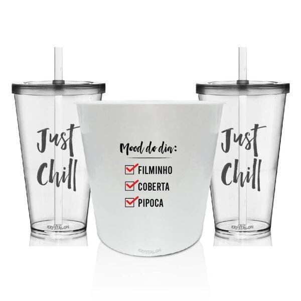 Kit Balde de Pipoca e 2 Copos Personalizados -Just Chill