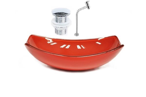 CUBA DE VIDRO OVAL CHANFRADA 46CM VERMELHO FERRARI + VALVULA CLICK + TORNEIRA METAL - 1