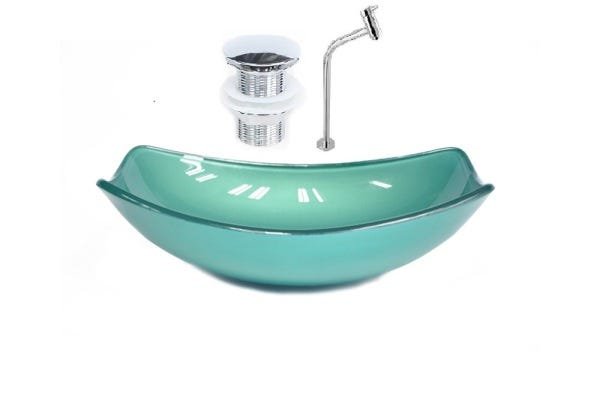 CUBA DE VIDRO OVAL CHANFRADA 46CM VERDE + VALVULA CLICK + TORNEIRA METAL - 1